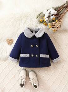 Baby Boy Borg Collar Double Breasted Contrast Binding Overcoat - Multicolor - View 1