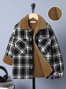 SHEIN Tween Boy Plaid Print Button Front Teddy Lined Coat - Multicolor - View 1