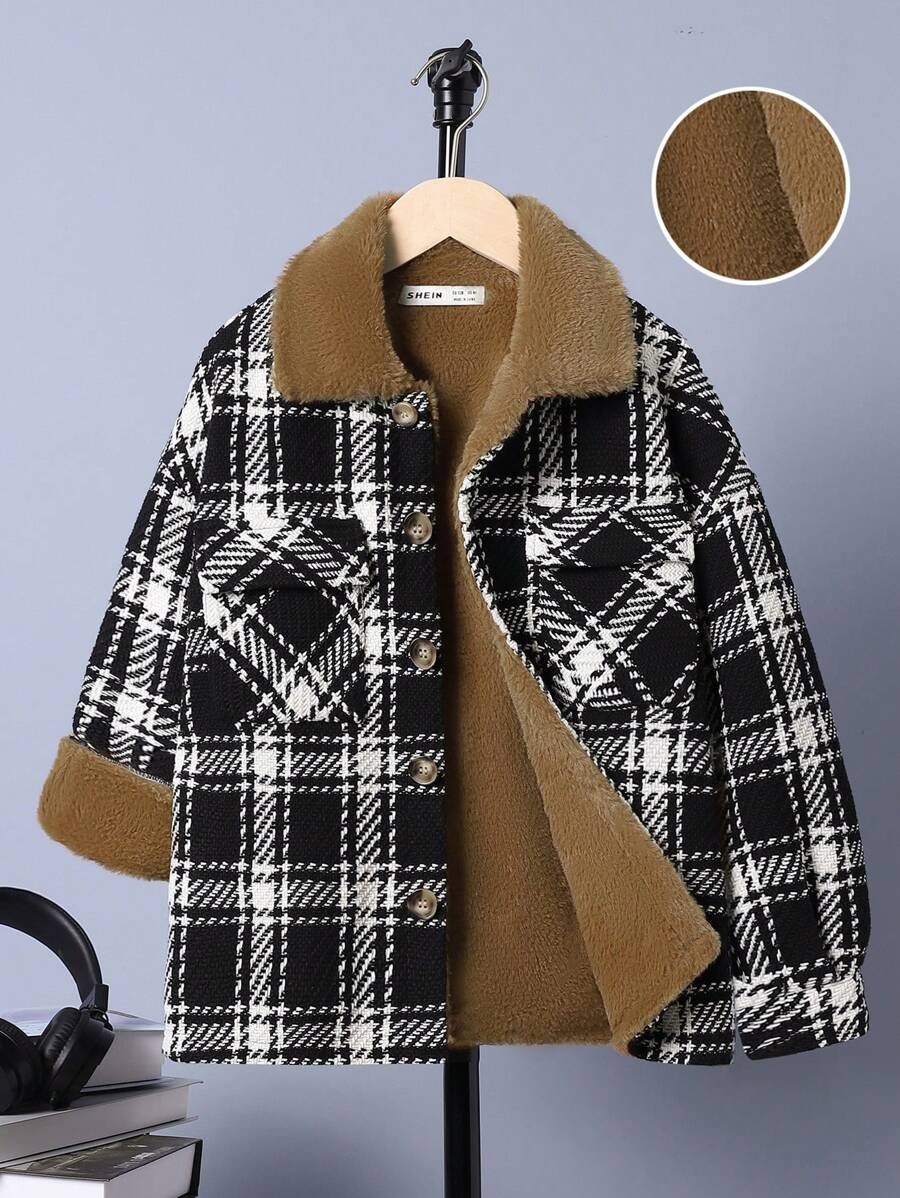 SHEIN Tween Boy Plaid Print Button Front Teddy Lined Coat - Multicolor - View 1