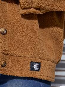 SHEIN Teen Girl Flap Pocket Letter Patched Detail Drop Shoulder Teddy Jacket - Khaki - View 6