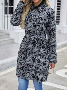 EMERY ROSE Allover Floral Print Belted Coat - Black and White - View 6