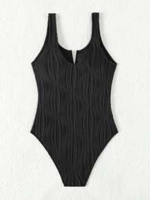 少女純色紋理連身泳衣 - 黑色 - 查看 2