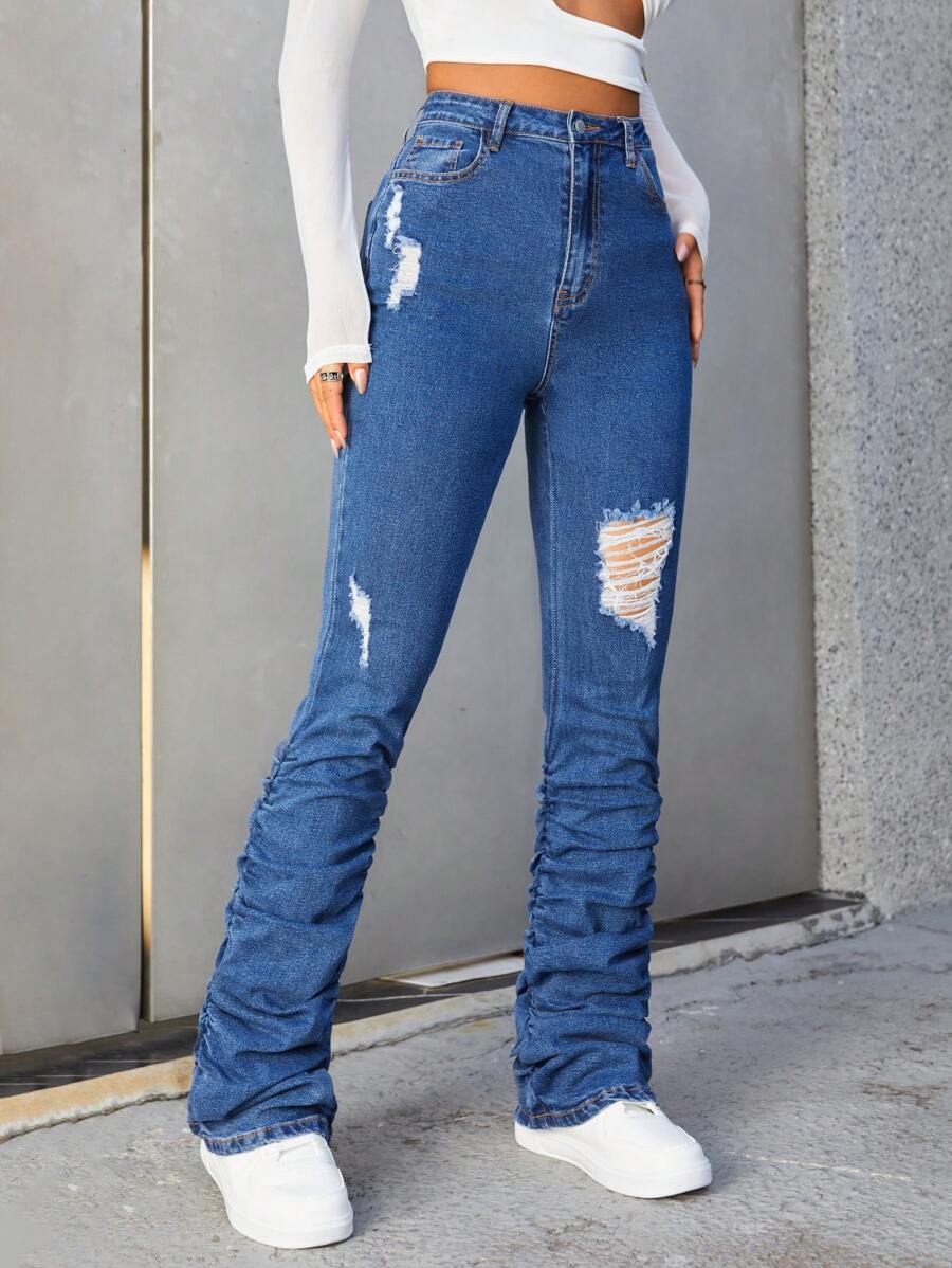 SHEIN ICON Jeans de pierna amplia de talle alto fruncido - Azul - Ver 1