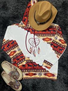 Sudadera con capucha de manga larga con bolsillo canguro, cordón ajustable y estampado de corazón y plumas - Multicolor - Ver 4