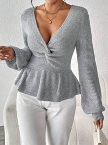 SHEIN Privé 前扭結燈籠袖荷葉邊下擺套頭毛衣 - 灰色 - 查看 6