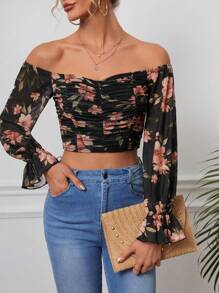 SHEIN VCAY Floral Print Off Shoulder Ruched Crop Top - Black - View 1