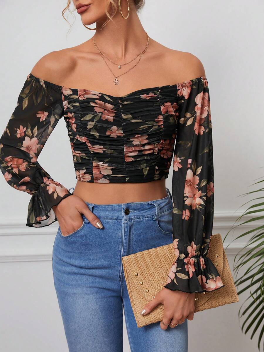SHEIN VCAY Floral Print Off Shoulder Ruched Crop Top - Black - View 1