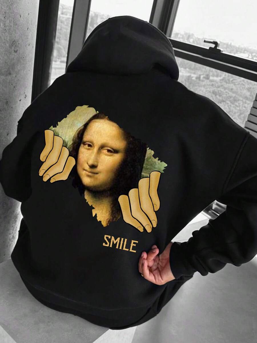 Manfinity EMRG 男士人物&字母圖形掉肩束帶超大號連帽衫 - 黑色 - 查看 1