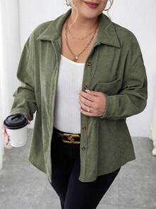 Calvaya Talla grande Camisa de hombros caídos con parche de bolsillo de pana - Verde militar - Ver 6