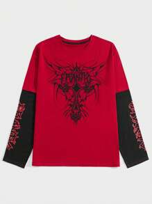 ROMWE MEN Grunge Punk 男士字母图案拼色二合一 T 恤，学校 - 紅色 - 查看 1