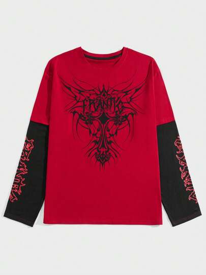 Grunge Punk Men Letter Graphic Colorblock 2 In 1 Tee, School