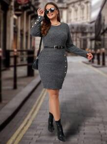 SHEIN Clasi Hơn Chi tiết Nút Đồ đan Ribbed Váy bodycon Không có thắt lưng - Màu xám đen - Xem 3