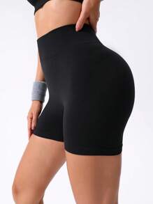 SHEIN Sports 收臀彈力腰寬運動摩托車短褲，緊身短褲 - 黑色 - 查看 3