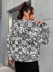 Wotto Áo khoác độn có khóa kéo in họa tiết Graffiti - Đen và trắng - Xem 2