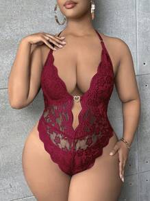 SHEIN SXY 大碼花卉蕾絲貝殼邊露背繞頸連身背心 - 紅色 - 查看 5