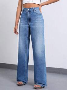 SHEIN ICON Quần Jean Ống Rộng Coolmax Zipper Fly - Màu xanh lam - Xem 2