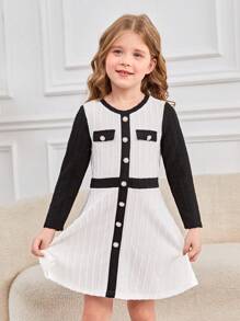 女小童雙色前紐扣洋裝 - 黑與白 - 查看 4