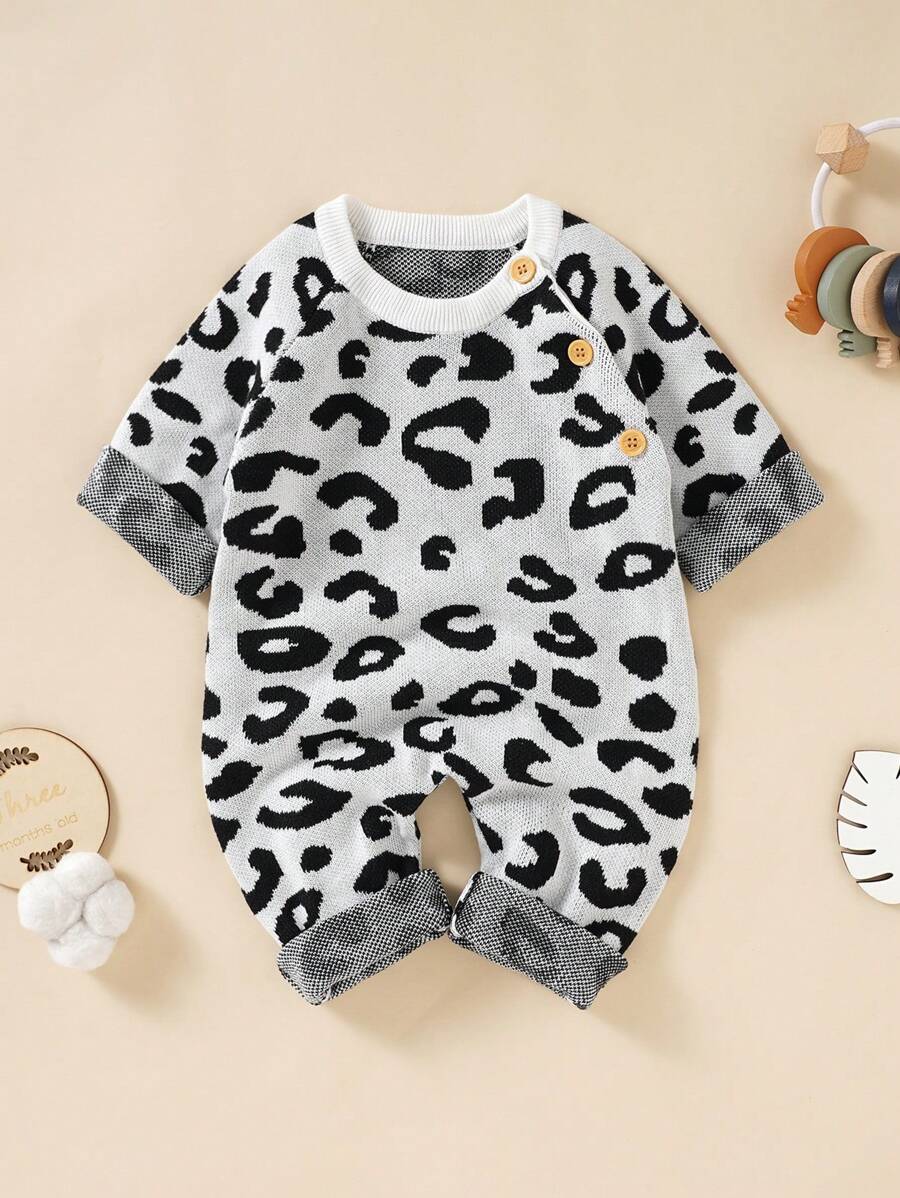 女嬰豹紋圖案插肩袖針織連身褲 - 黑與白 - 查看 1