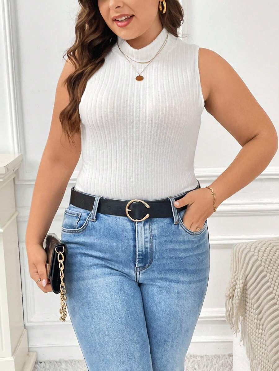 SHEIN Frenchy Plus Mock Neck Ribbed Knit Tank Top - White - View 1