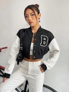 SHEIN Unity Thư được vá Khối màu Thả vai Mùa vụ Áo khoác Đại học - Đen và trắng - Xem 5