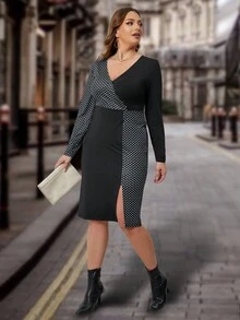 SHEIN Clasi Hơn In vết tròn Polka Tách đùi Đầm - Đen và trắng - Xem 3