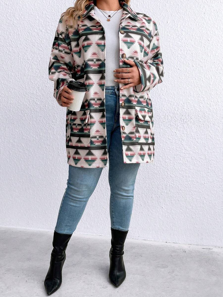 SHEIN LUNE Plus Geo Print Drop Shoulder Overcoat - Multicolor - View 1