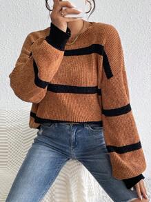 SHEIN LUNE Striped Pattern Drop Shoulder Knit Pullover Fall Winter Sweater - Brown - View 3