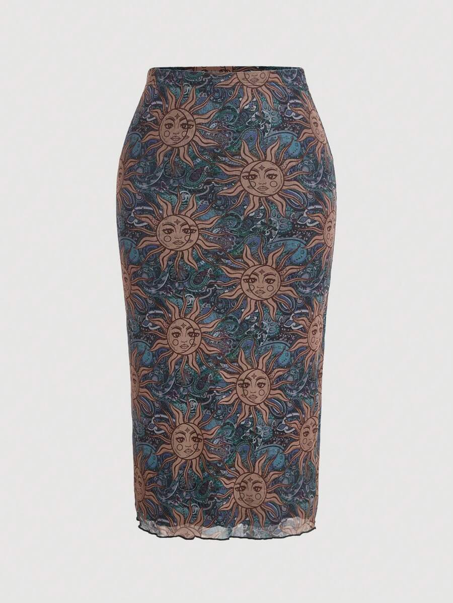 SHEIN MOD Plus Sun Print Lettuce Trim Mesh Skirt - Green - View 1