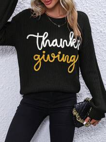 SHEIN LUNE Suéter de punto con caída de hombros y estampado de letras para otoño e invierno - Negro - Ver 4