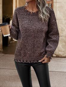 SHEIN LUNE Marled Knit Drop Shoulder Distressed Trim Sweater - Brown - View 4