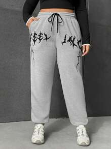 SHEIN EZwear 大碼圖案印花腰部抽繩衛褲 - 淺灰色 - 查看 3