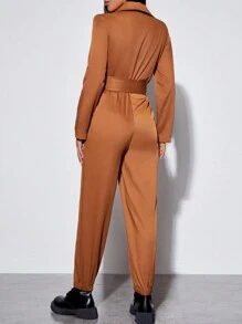 SHEIN PETITE 素色前繫帶襯衫連體褲 - 棕色 - 查看 2