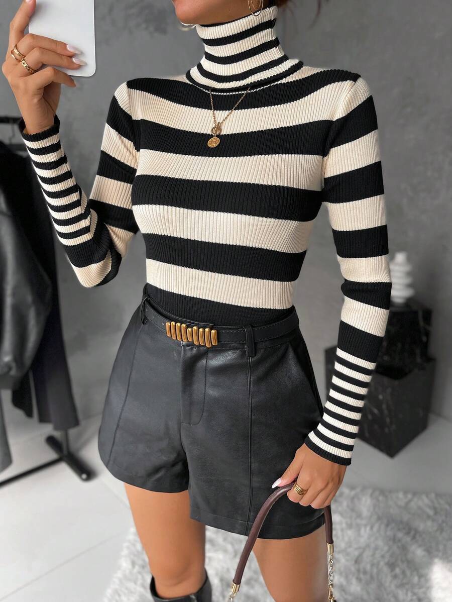 Celisse Striped Pattern Turtleneck Sweater,Long Sleeve Tops Knit Pullover Fall Winter Outfit - Multicolor - View 1