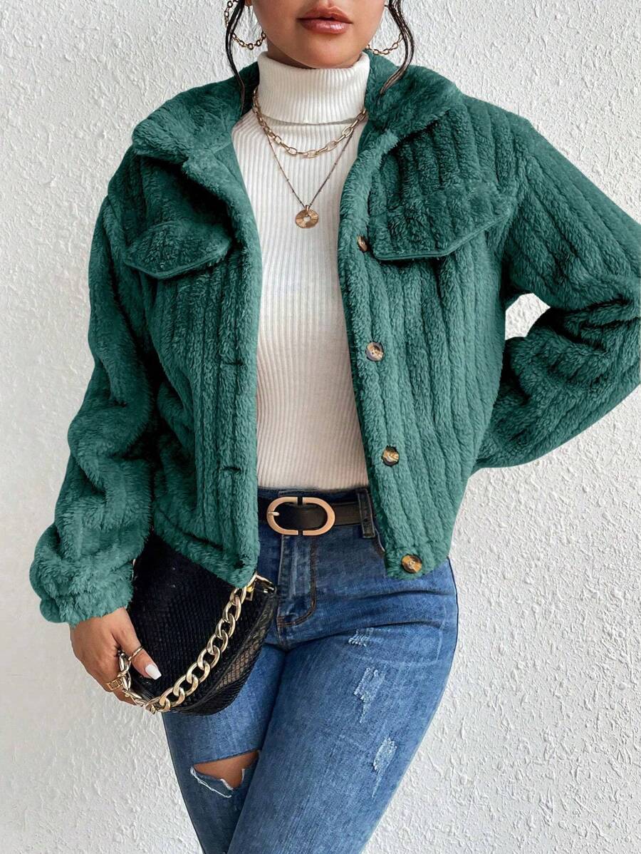 Lyxana Flap Detail Flannelette Jacket Fall Winter Cloth For Women - Green - View 1