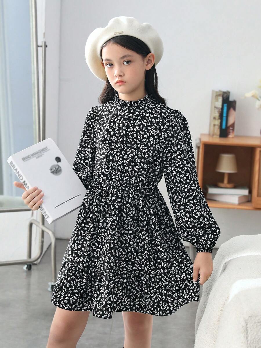 Cô gái Tween In hoa Ditsy Tay áo lồng đèn Xù Hoa Sen Váy Smock - Đen và trắng - Xem 1
