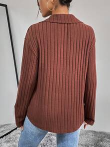 SHEIN Essnce Cổ Polo Thả vai Đồ đan Ribbed Áo thun - màu nâu - Xem 3