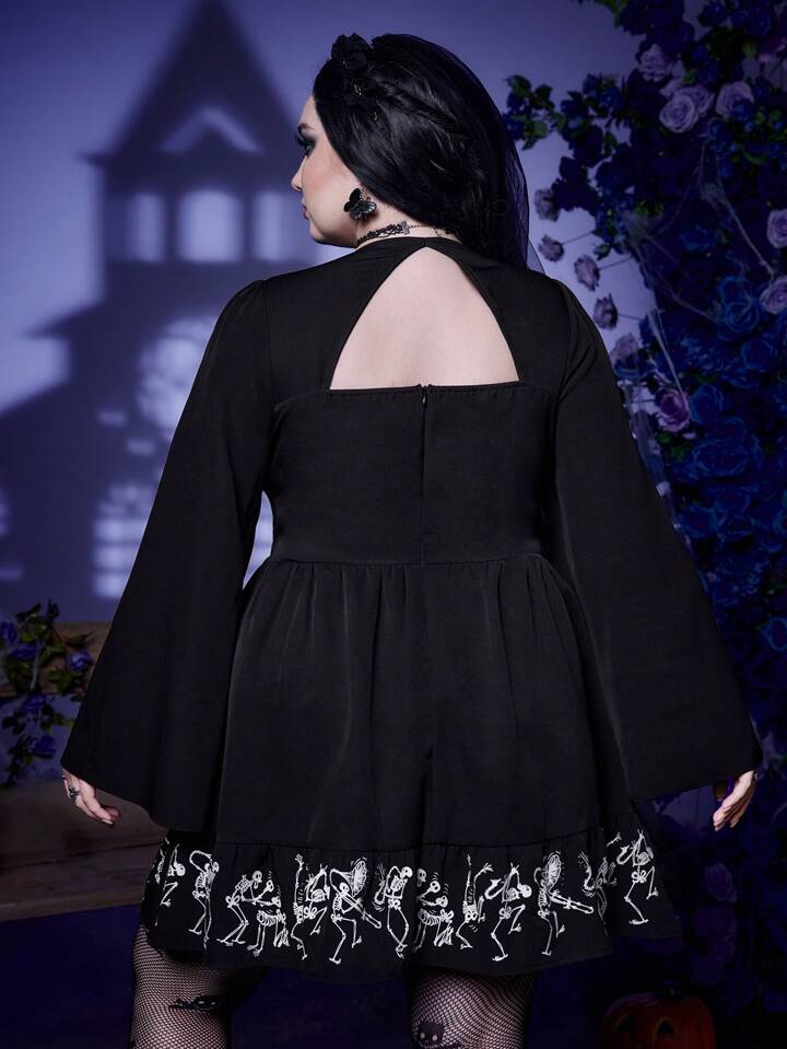 romwe long sleeve dress Our Corpse Bride | ROMWE Plus Skull Print Flare Sleeve Dress is such a vibe