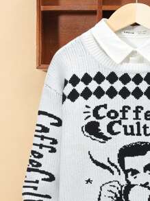 SHEIN Tween Boy Letter & Figure Pattern Drop Shoulder Sweater Without Shirt,In Fall/Winter - Black and White - View 3