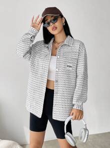 SHEIN Unity Plaid Print Drop Shoulder Flap Pocket Button Front Coat - White - View 4