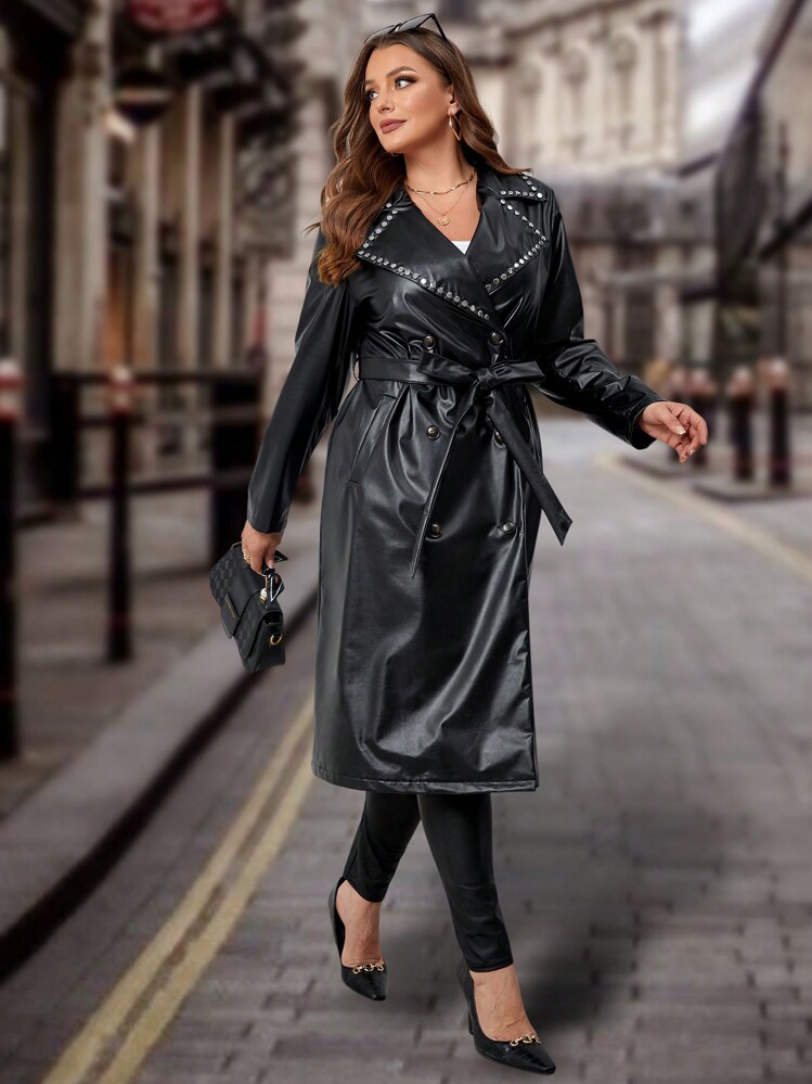SHEIN Clasi プラス スタッズ付き ベルト PUレザー コート | SHEIN JAPAN