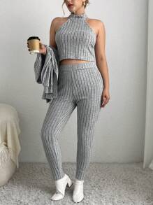 SHEIN Essnce Plus Plunging Neck Split Hem Tee & Halter Top & Leggings