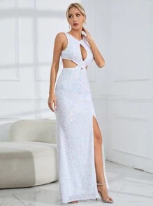 SHEIN Belle Cut Out Split Thigh Sequin Dress