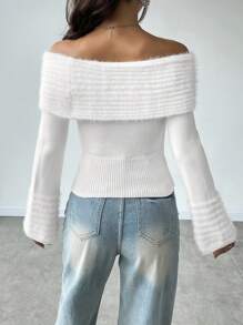 SHEIN Unity Gấp lại Off Shoulder Đồ đan Ribbed Áo len - trắng - Xem 2
