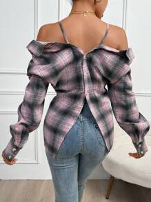 Chiquease Plaid Cold Shoulder Print Twist Front Shirt