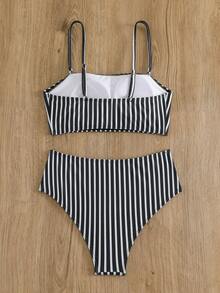 隨機條紋印花比基尼游泳衣套裝 - 黑與白 - 查看 2
