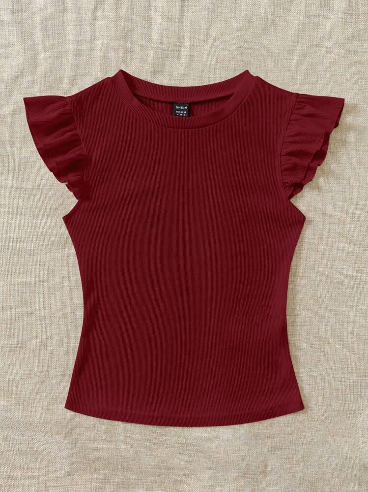 Soleia Ruffle Trim Ribbed Knit Tee - Burgundy - View 4