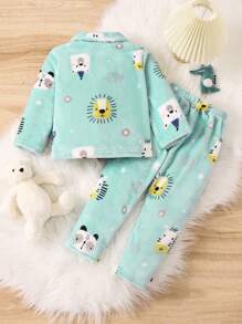 Young Boy Cartoon Graphic Dual Pocket Flannel PJ Set - Green - View 2