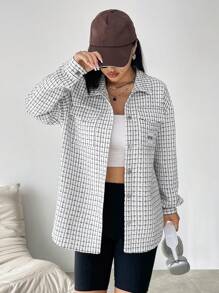 SHEIN Unity Plaid Print Drop Shoulder Flap Pocket Button Front Coat - White - View 3