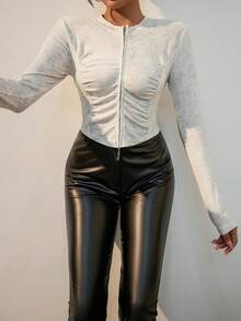 SHEIN ICON 大理石圖案拉鏈開襟前收褶短款T恤 - 灰色 - 查看 3