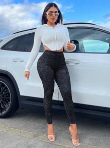 SHEIN SXY Marled Knit Rib-knit Leggings - Black - View 5